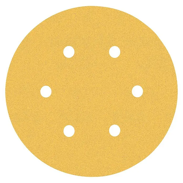 Craftomat Haftschleifscheiben - Körnung: 120, Durchmesser: 150 mm, 1 Stk. - Gelbes Schleifpapier mit sechs Löchern. Ideal zum Schleifen von Holz, Metall und Kunststoff mit einem Exzenterschleifer.