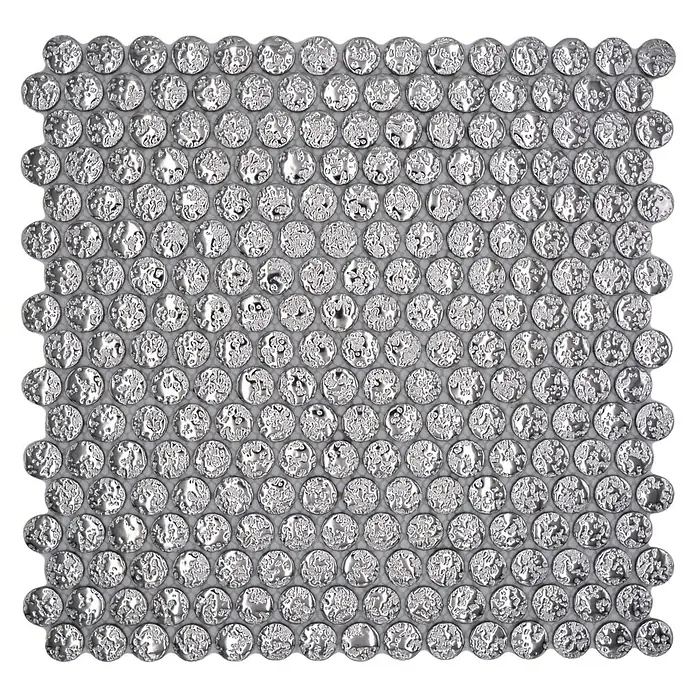 Mosaikfliese Knopf Uni SB97 - 31 x 31,5 cm, Silber, Glänzend - Quadratisches Mosaikmuster mit kleinen, runden, silberfarbenen Fliesen, die ein glänzendes und reflektierendes Oberflächenbild erzeugen.
