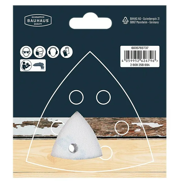 Craftomat Delta-Haftschleifscheiben Set - Körnung: 60 - 240, 6 -tlg. - Produktverpackung eines dreieckigen Schleifpads der Marke Bauhaus, geeignet für vielfältige Schleifarbeiten.
