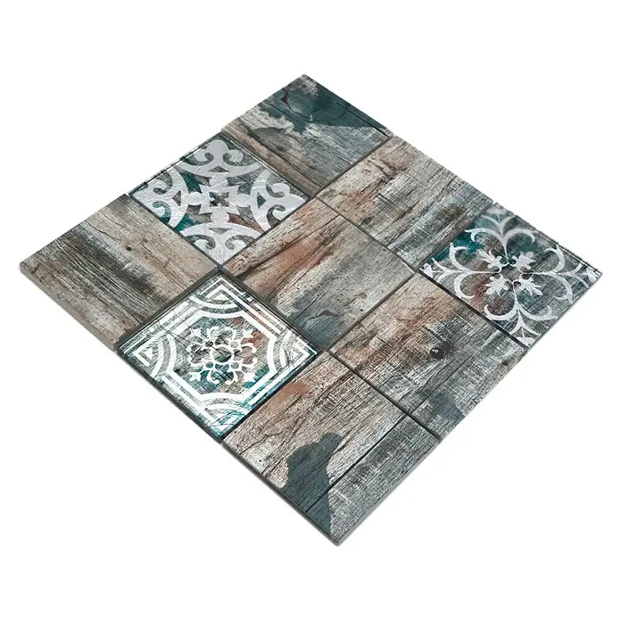 Mosaikfliese Quadrat Crystal Mix XCM WOOD 950 - 29,8 x 29,8 cm, Grau/Braun/Grün, Matt - Dekorfliese im Vintage-Look mit Holzmuster und Ornamenten für Wand- und Bodenbeläge. Schafft eine stilvolle Atmosphäre in jedem Raum.