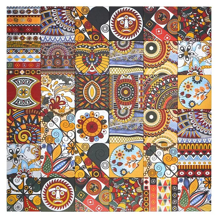 Selbstklebemosaik Quadrat SAM 4XAU01 - 30,5 x 30,5 cm, Mehrfarbig, Glänzend - Dekoratives Fliesenmuster mit bunten, ethnisch inspirierten Designs, ideal für kreative Wandgestaltungen.
