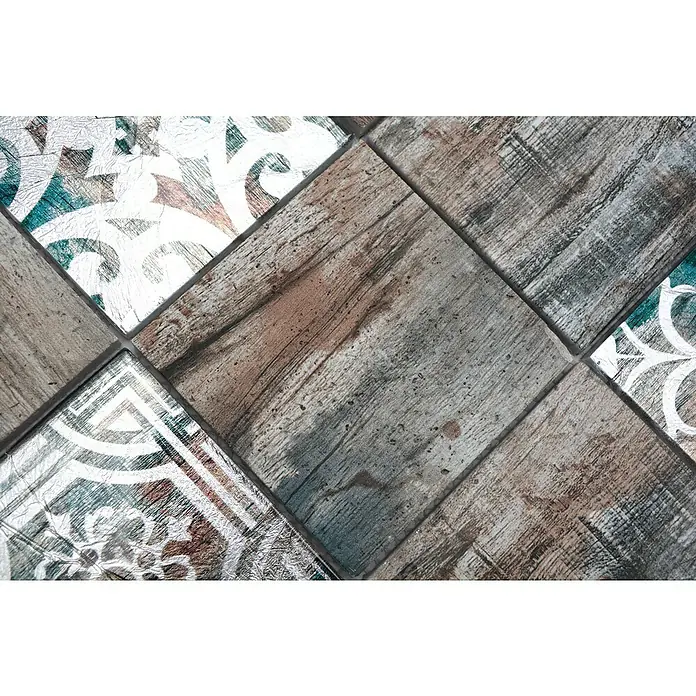 Mosaikfliese Quadrat Crystal Mix XCM WOOD 950 - 29,8 x 29,8 cm, Grau/Braun/Grün, Matt - Bild von quadratischen Fliesen mit Holz- und Musterdesign, ideal für moderne Innenräume. Die Fliesen vereinen rustikalen Charme mit eleganten Akzenten.