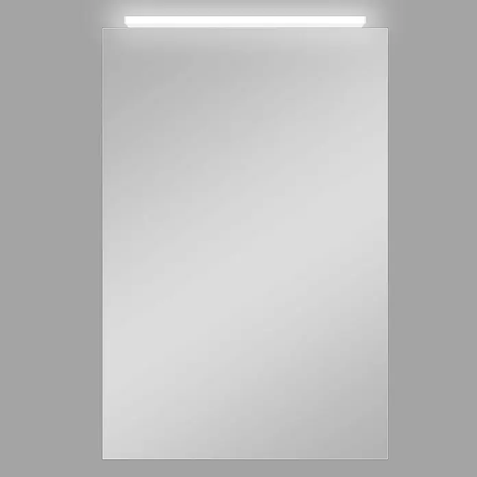 DSK LED-Spiegelschrank Aluminio Vegas - B x H: 40 x 60 cm, Aluminium, Silber - Rechteckiger Spiegel mit einer Leuchtstoffröhre an der Oberseite. Der Spiegel ist auf einem grauen Hintergrund montiert.