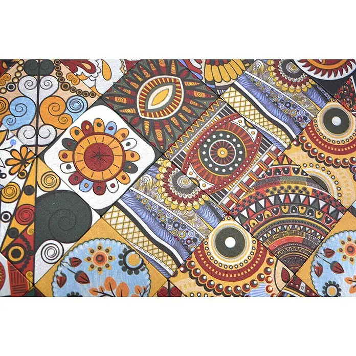 Selbstklebemosaik Quadrat SAM 4XAU01 - 30,5 x 30,5 cm, Mehrfarbig, Glänzend - Nahaufnahme von Keramikfliesen mit farbenfrohen Mustern. Perfekt für kreative Wandgestaltung.