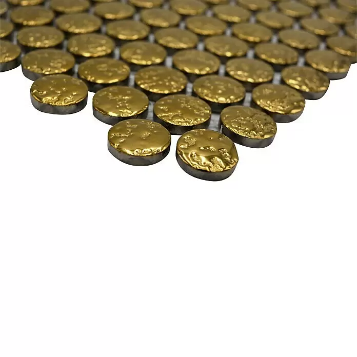 Mosaikfliese Knopf Uni GO86 - 31 x 31,5 cm, Gold, Glänzend - Texturierte goldene runde Mosaikfliesen.