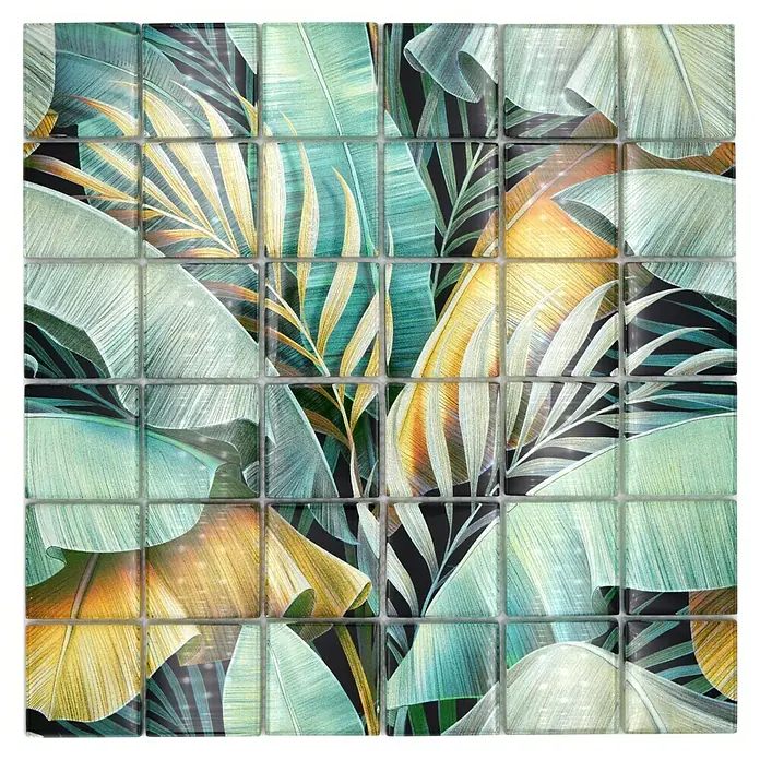 Mosaikfliese Quadrat Crystal Rain Forest XCM RF07 - 29,8 x 29,8 cm, Grün/Gelb, Glänzend - Quadratische Wandfliesen mit einem tropischen Blättermotiv, ideal für ein stilvolles Badezimmer oder eine Küche.