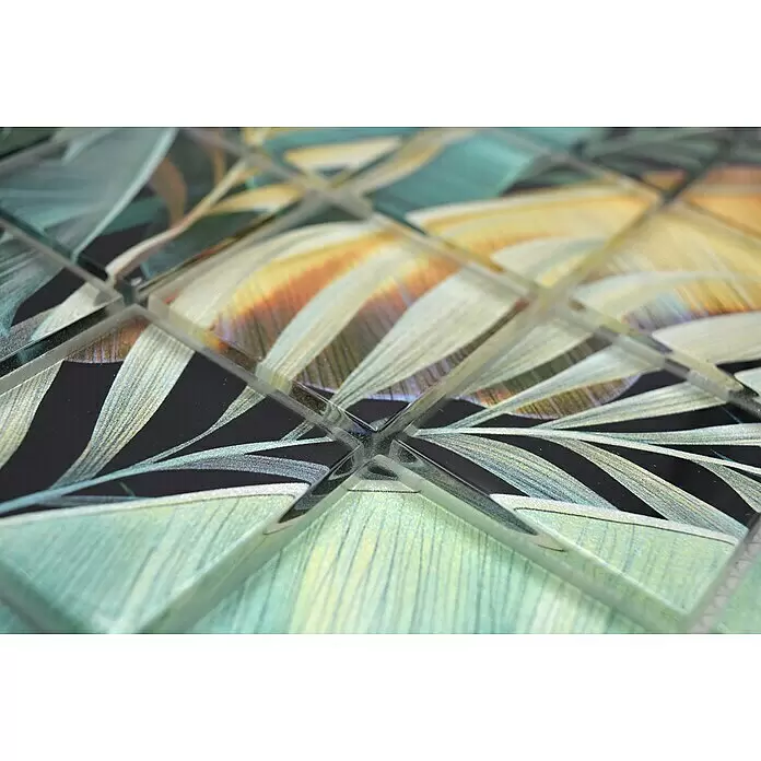 Mosaikfliese Quadrat Crystal Rain Forest XCM RF07 - 29,8 x 29,8 cm, Grün/Gelb, Glänzend - Detailaufnahme