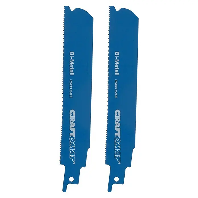 Craftomat Säbelsägeblatt S 927 BEF - Länge: 150 mm - Abbildung von zwei blauen Säbelsägeblättern der Marke Craftomat Bi-Metall Swiss Made für vielfältige Sägearbeiten.