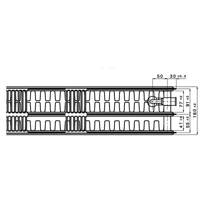 Flachheizkörper - B x H: 1.800 x 300 mm, Wärmeleistung bei Vorlauftemperatur von 75 °C (D: 50): 2.402 W, Typ Heizkörper: 33 - Eine technische Zeichnung eines Heizkörpers mit Maßen und Toleranzen. Detaillierte Ansicht für Installation und Design.