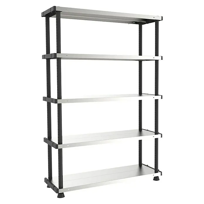 Terry Kunststoffregal MP Shelf 120 RC - H x B x T: 185 x 119 x 45 cm, Traglast pro Boden: 120 kg, Anzahl Böden: 5 Stk., Stecken, Silber - Dieses Bild zeigt ein robustes Metallregal mit fünf Ebenen, ideal für Lagerung und Organisation. Es ist stabil und bietet viel Stauraum.