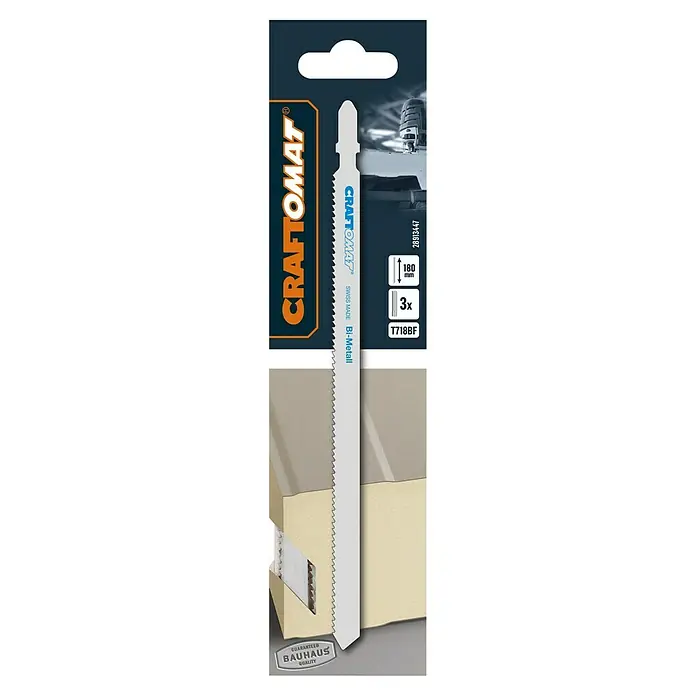 Craftomat Stichsägeblatt T 718 BFT-Schaft - Das Bild zeigt eine Packung Craftomat Stichsägeblätter T718BF Bi-Metall für Metalle, 3 Stück, mit einer Länge von 180mm.