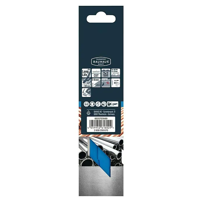 Craftomat Säbelsägeblatt S 927 BEFLänge: 213 mm - Nahaufnahme einer BAUHAUS Metallsägeblattverpackung mit Produkteigenschaften und Barcode, ideal für Metallarbeiten.