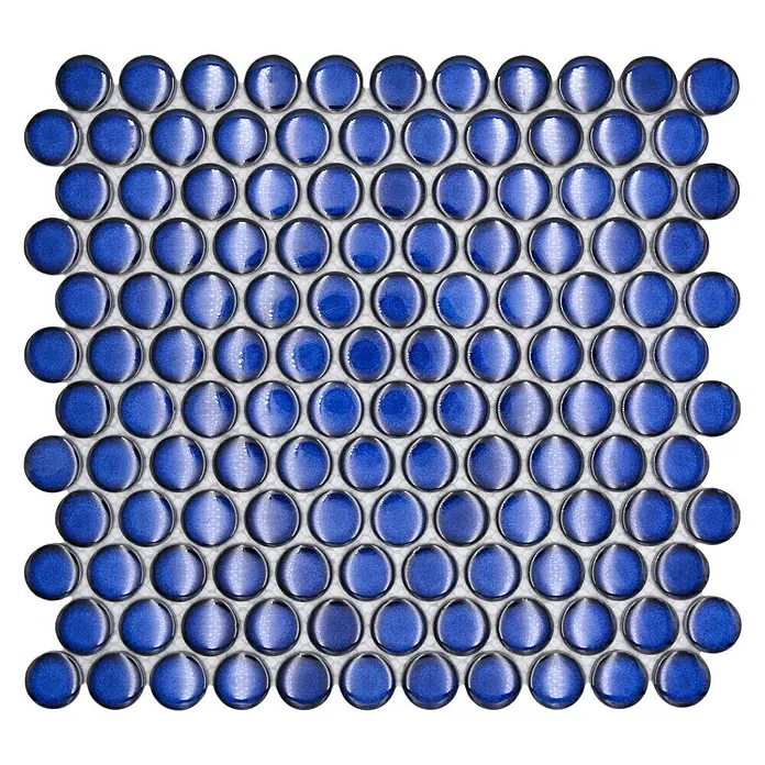 Mosaikfliese Knopf Uni 51G - 33 x 31,2 cm, kobaltblau, Glänzend - Detailaufnahme einer quadratischen Matte aus runden, glänzend blauen Mosaikfliesen mit hellgrauen Fugen.