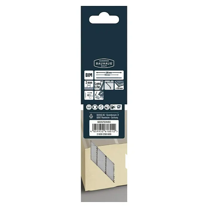 Craftomat Stichsägeblatt T 718 BF - T-Schaft - Produktverpackung einer BAUHAUS BIM Säbelsäge mit Qualitätsgarantie, 180mm Länge und 2mm Schnittstärke für lange Lebensdauer.