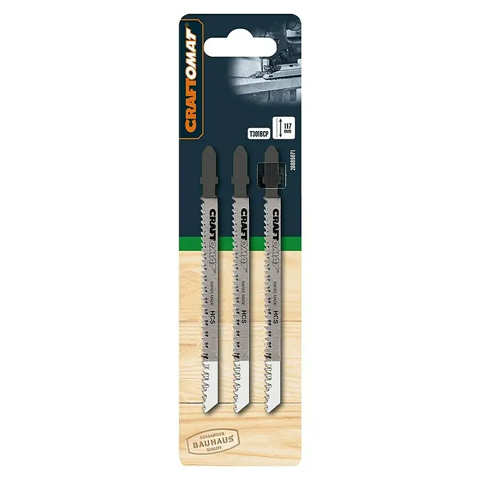 Craftomat Hoja de sierra de calar T 301 BCP - Vástago en T, 3 ud. - Primer plano de tres hojas de sierra de calar Craftomat T301BCP, diseñadas para cortes de madera precisos, con calidad suiza y material HCS.