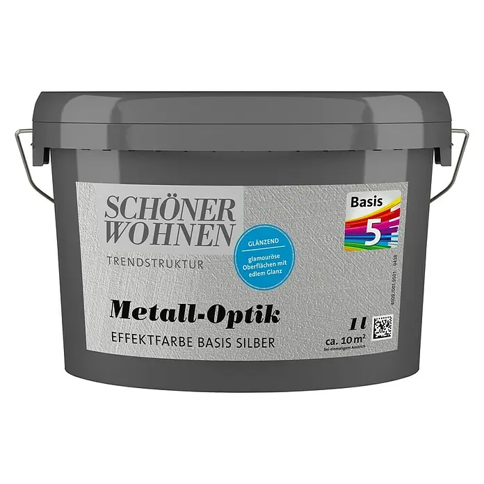 SCHÖNER WOHNEN-Farbe Mix Farbeffektputz Metall-Optik Effektfarbe zum Mischen lassen - Basismischfarbe-Silber, Glänzend, 1 l - Eimer Schöner Wohnen Trendstruktur Metall-Optik Effektfarbe Basis Silber für glamouröse Oberflächen mit edlem Glanz, ca. 10 m².
