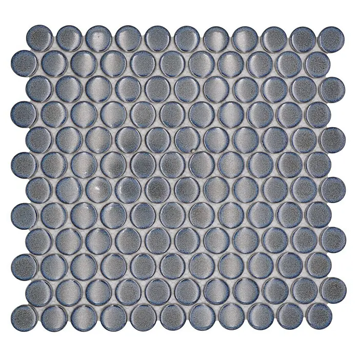 Mosaikfliese Knopf Uni 41G - 33 x 31,2 cm, graublau, Glänzend - Nahaufnahme einer quadratischen Matte mit grauen Penny-Rundfliesen mit subtilem Farbverlauf und glänzender Oberfläche für ein elegantes Design.