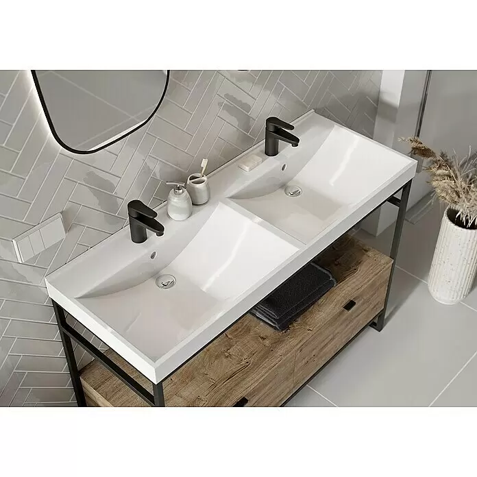 Inspira Badmöbel-Set DH2 - 9 -tlg., 120 cm, White/Canela Oak/Black, Form: Gebogen - Stimmungsaufnahme