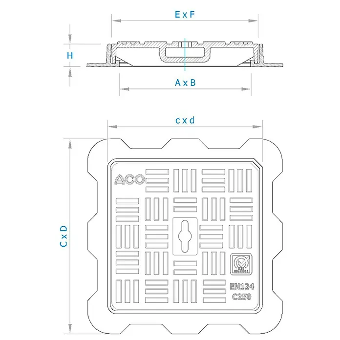 ACO Tapa de registro Guss Basic C250 - 500 x 500 mm - Dibujo técnico de una tapa de alcantarilla ACO con dimensiones. Diseño robusto para sistemas de drenaje.