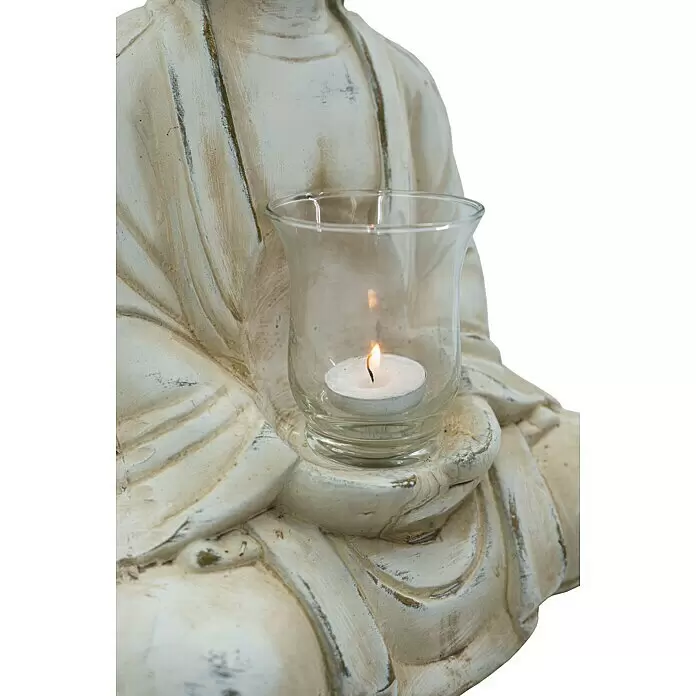 Buddha mit Teelichtglas - L x B x H: 25 x 19 x 40 cm, Creme, Terracotta - Detailaufnahme