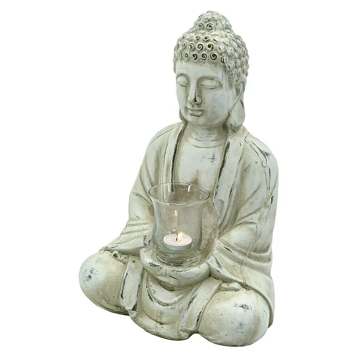 Buddha mit Teelichtglas - L x B x H: 25 x 19 x 40 cm, Creme, Terracotta - Eine Buddha-Statue aus Kunstharz mit einer Glasvase, in der eine Kerze brennt. Meditatives Dekorstück für eine ruhige Atmosphäre.