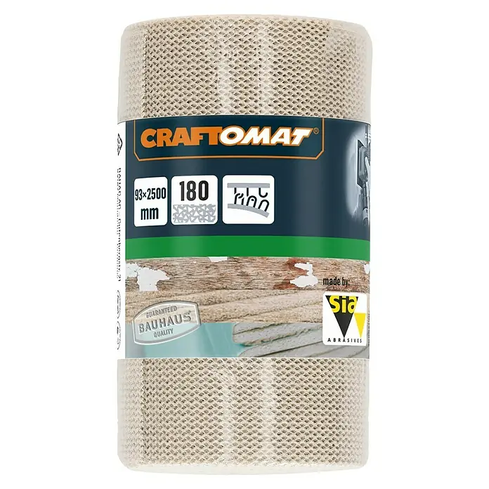 Craftomat Schleifrolle - Körnung: 180, Breite: 93 mm - Produktbild einer Rolle CRAFTOMAT Schleifgitter, ideal für verschiedene Schleifarbeiten mit einer Größe von 93x2500 mm.