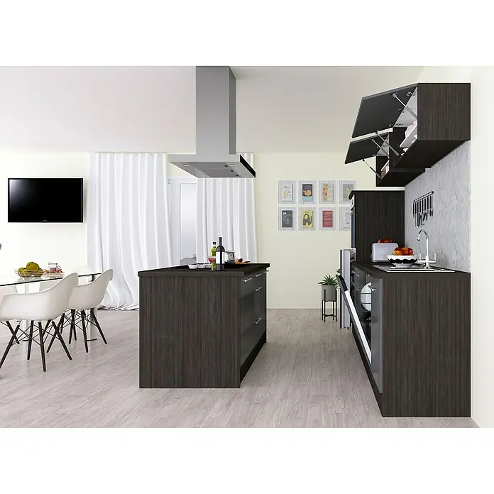 Respekta Premium Cocina de isla Amanda - Ancho: 280 cm, Roble/Gris, Con electrodomésticos - Imagen de una moderna cocina de madera oscura con isla, campana extractora y zona de comedor. La cocina tiene un diseño luminoso y agradable.