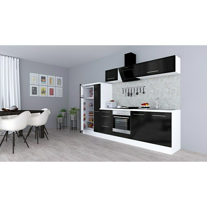 Respekta Premium Composición de cocina (Ancho: 300 cm, Con dispositivos eléctricos, Negro de alto brillo)