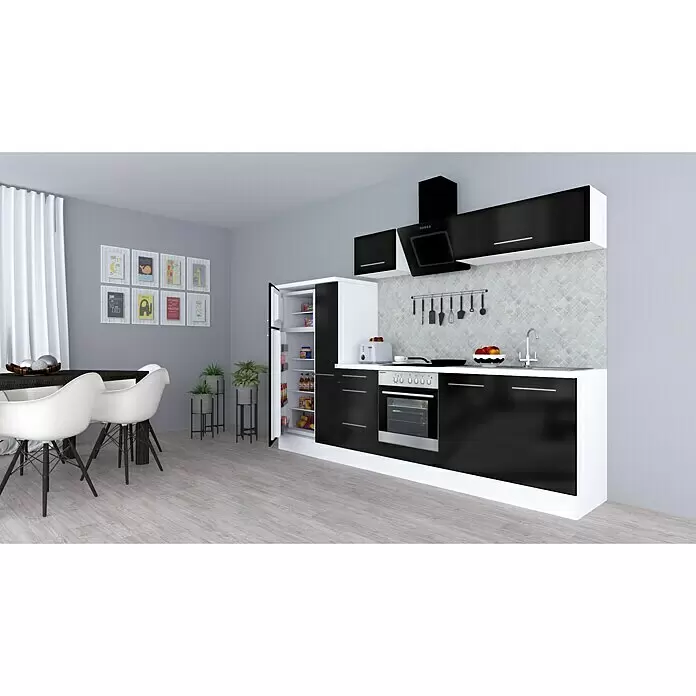 Respekta Premium Composición de cocina Amanda Alto - Ancho: 300 cm, Blanco/Negro, Con electrodomésticos - Muebles de cocina modernos en blanco y negro con electrodomésticos y zona de comedor, con nevera abierta.