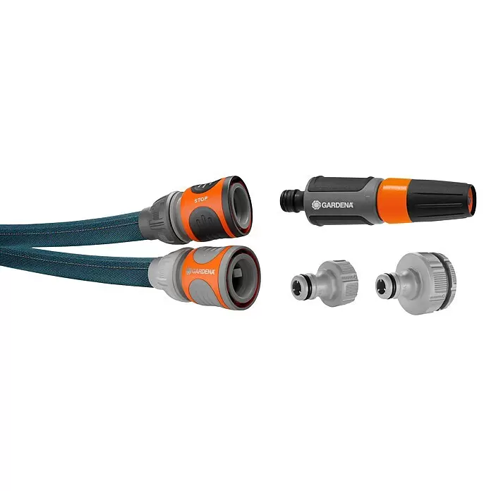 Gardena Gartenschlauch Liano Life Set - 30 m, Schlauchdurchmesser: 13 mm - Gardena Schlauchsystem-Komponenten: blauer geflochtener Schlauch mit orange/grauen Stopp- und Basisanschlussstücken, eine Spritzdüse und zwei Hahnverbinder.