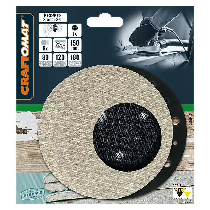 Craftomat Schleifgitter-Set - Durchmesser: 150 mm, 7 Stk. - Abbildung einer CRAFTOMAT Schleifscheibe, ein Netz-/Netz-Starterset, ideal zum Schleifen verschiedener Oberflächen mit verschiedenen Körnungen.
