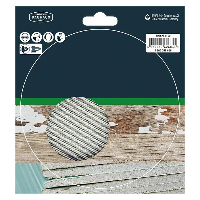 Craftomat Schleifgitter-Set - Durchmesser: 150 mm, 7 Stk. - Produktbild einer Schleifscheibe von Bauhaus mit verschiedenen Symbolen und Barcode.