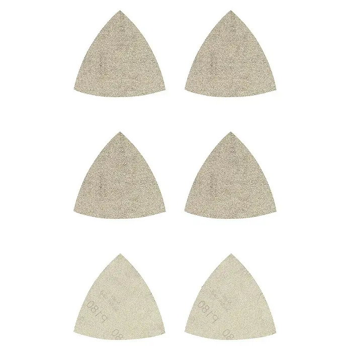 Craftomat Schleifgitter-Set - Körnung: 80 - 180, 93 x 93 mm, 6 Stk. - Sechs dreieckige Schleifscheiben mit Körnung 180, die für eine Vielzahl von Schleifarbeiten geeignet sind. Ideal für Heimwerker und Profis.