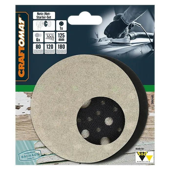 Craftomat Schleifgitter-Set - Durchmesser: 125 mm, 7 Stk. - Abbildung einer CRAFTOMAT Schleifscheibe Netz-/Net-Starter-Set mit verschiedenen Körnungen (80, 120, 180) und einem Durchmesser von 125 mm.