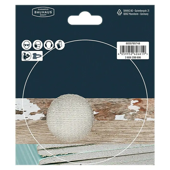 Craftomat Schleifgitter-Set - Durchmesser: 125 mm, 7 Stk. - Abbildung eines Schleifgitters von Bauhaus, verpackt in einer blau-weißen Verpackung, die die Marke und Sicherheitsinformationen hervorhebt.