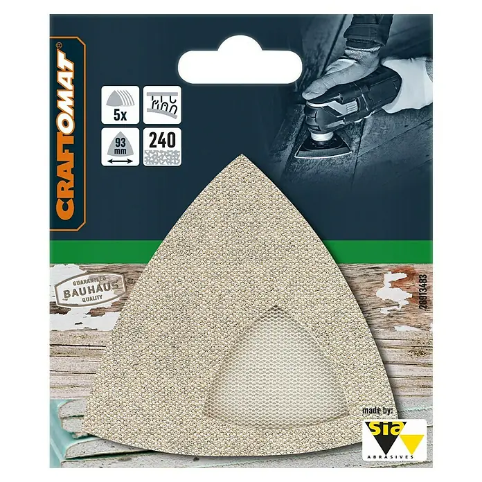 Craftomat Schleifgitter-Set - Körnung: 240, 93 x 93 mm, 5 Stk. - Ein Packung Craftomat Dreiecksschleifpapier, Körnung 240, für den Einsatz mit oszillierenden Werkzeugen. Ideal zum Schleifen von Holz und anderen Materialien.