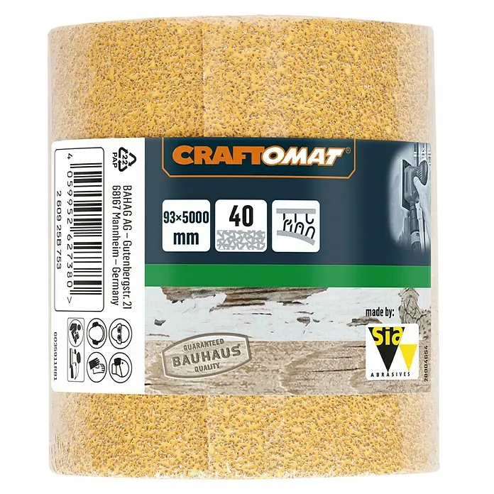 Craftomat Papel de lija C 1060 - An x L: 93 x 5.000 mm, Grano: 40 mm - Rollo de papel de lija Craftomat, grano 40, dimensiones 93x5000 mm, para trabajos de lijado.