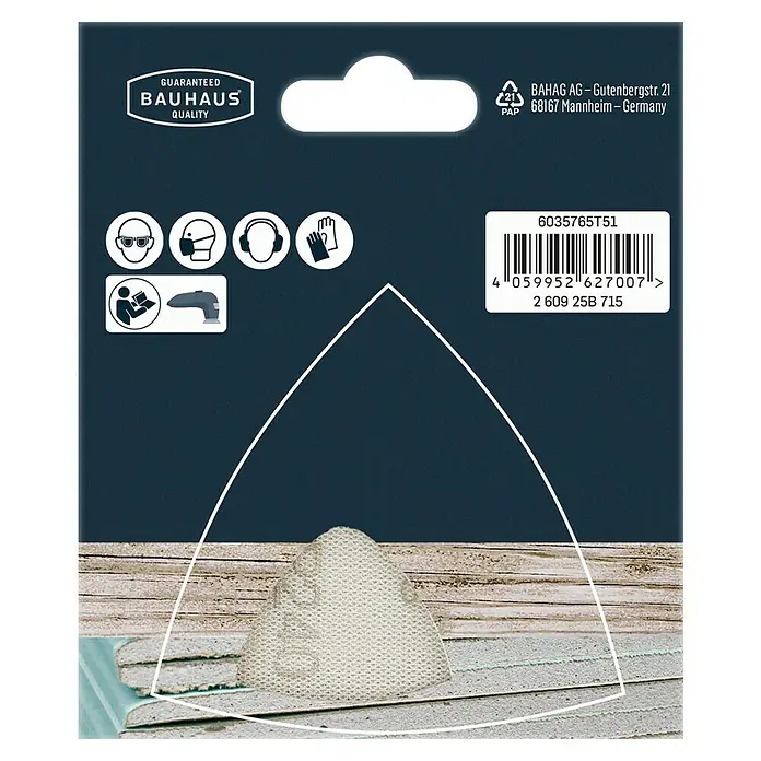 Craftomat Schleifgitter-Set - Körnung: 240, 93 x 93 mm, 5 Stk. - Produktverpackung einer Bauhaus Feinstaubmaske mit Sicherheitshinweisen und Barcode, geeignet für den Heimwerkerbedarf.