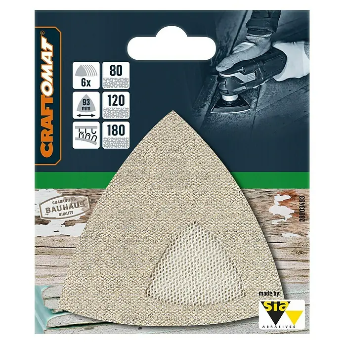 Craftomat Schleifgitter-Set - Körnung: 80 - 180, 93 x 93 mm, 6 Stk. - Nahaufnahme des CRAFTOMAT Schleifdreiecks mit Bauhaus Qualitätsgarantie, ideal zum Schleifen verschiedener Oberflächen.