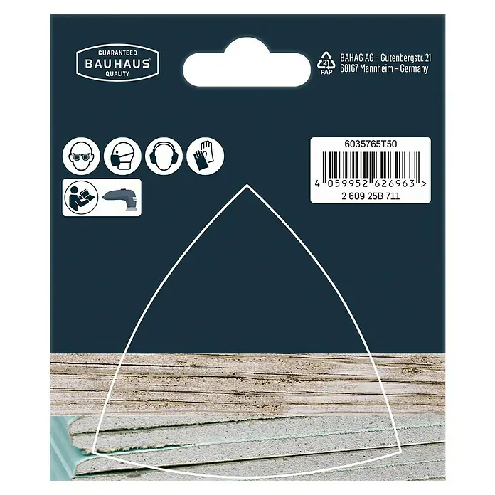 Craftomat Schleifgitter-Set - Körnung: 80 - 180, 93 x 93 mm, 6 Stk. - Nahaufnahme der Produktverpackung von Bauhaus mit Sicherheitsvorkehrungen, Barcode und Herstellerinformationen.
