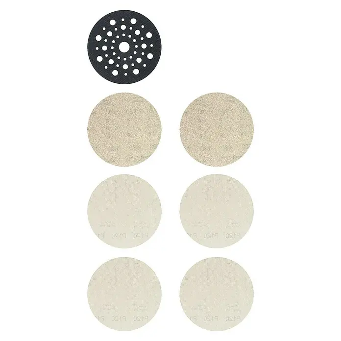 Craftomat Schleifgitter-SetDurchmesser: 125 mm, 7 Stk. - Schleifscheiben-Set bestehend aus einer Schleifscheibe mit Löchern und sechs Schleifpapieren, ideal für verschiedene Schleifarbeiten.