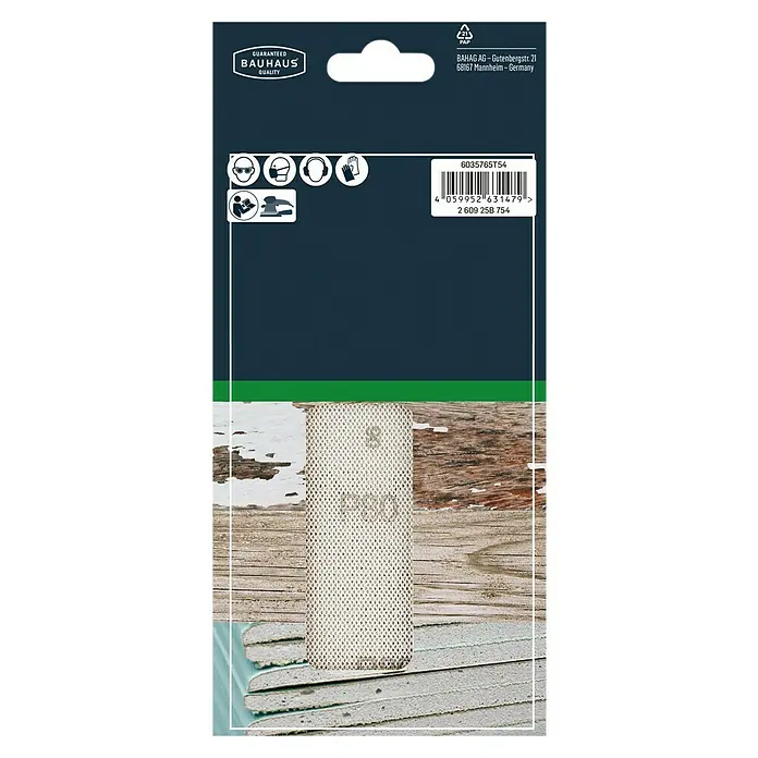 Craftomat Set malla abrasiva C 7009 - An x L: 93 x 186 mm, Grano: 80 mm - 180 mm - Un primer plano del empaque de una rejilla de lijado Bauhaus, que incluye especificaciones e información de seguridad.