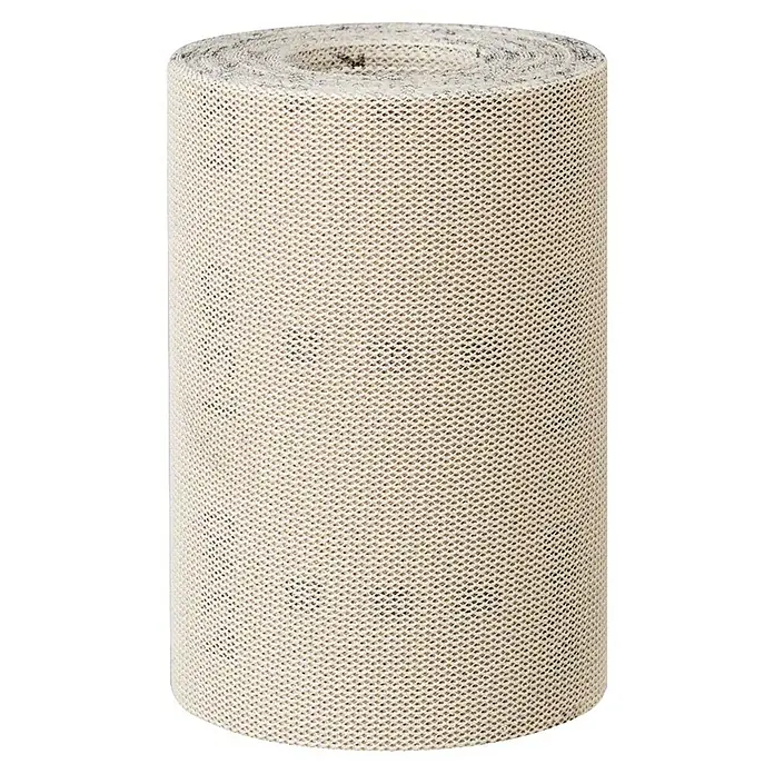 Craftomat Schleifrolle - Körnung: 240, Breite: 93 mm - Nahaufnahme einer Rolle aus beigem, grobmaschigem Textilgewebe, ideal für Polsterarbeiten, Handwerk und Heimwerkerprojekte.
