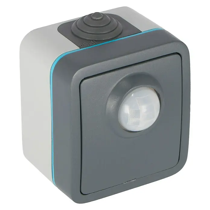 Voltomat Blueline Sensor-Schalter - Grau, Matt, 1-fach, Ausrichtung Schalterprogramm: Horizontal, Aufputzmontage, Schutzart: IP54 - Nahaufnahme eines quadratischen Bewegungsmelders in Grau und Weiß, der für den Außenbereich geeignet ist.