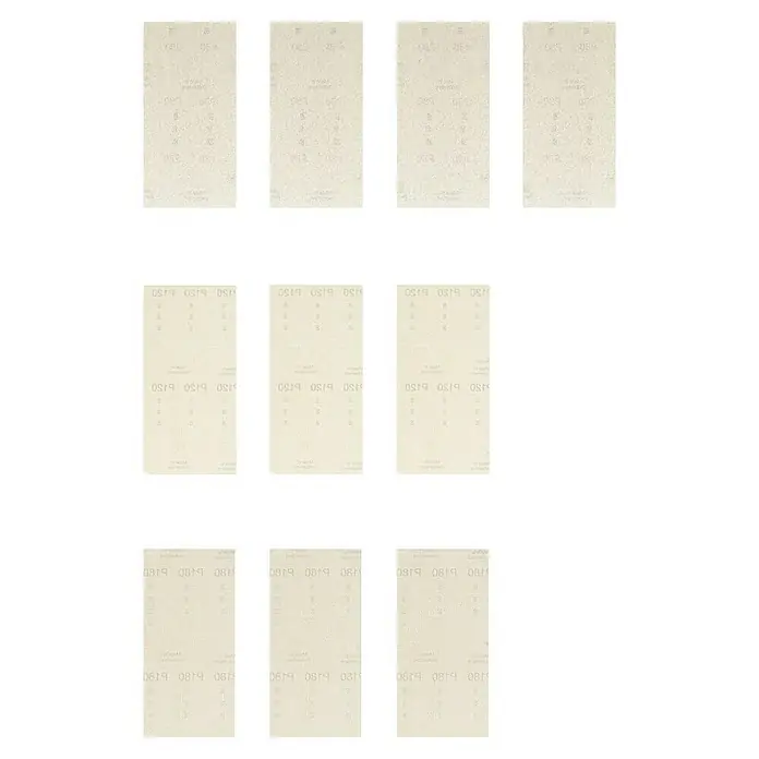 Craftomat Schleifgitter-Set - 93 x 186 mm, 10 -tlg. - Eine Nahaufnahme von Schleifpapierbögen mit verschiedenen Körnungen, die für Schleifarbeiten in Handwerk und Industrie geeignet sind.