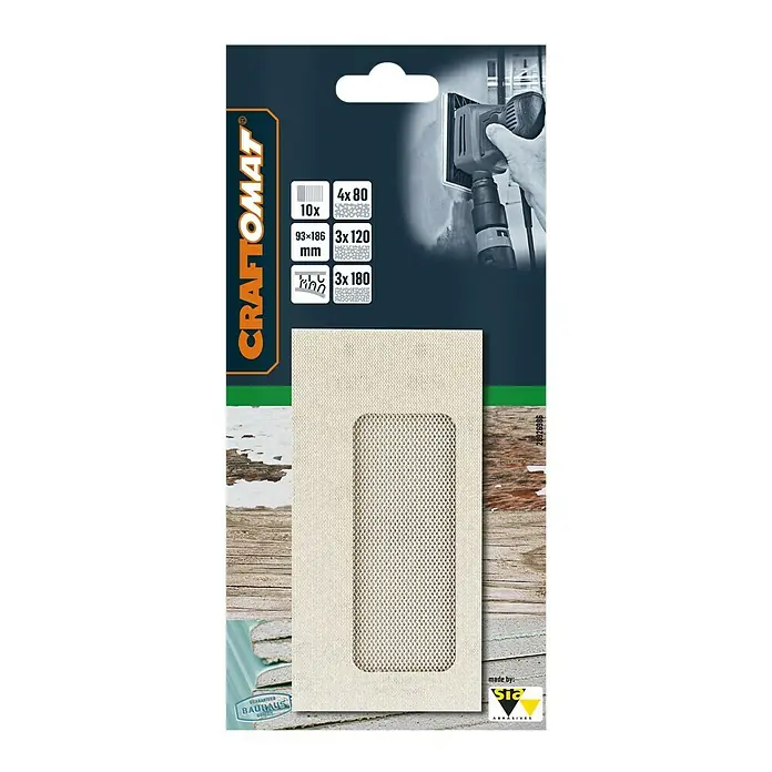 Craftomat Schleifgitter-Set - 93 x 186 mm, 10 -tlg. - Produktverpackung für CRAFTOMAT Schleifmittel mit verschiedenen Körnungen (80, 120, 180) und Größen, ideal zum Schleifen mit Elektrowerkzeugen.