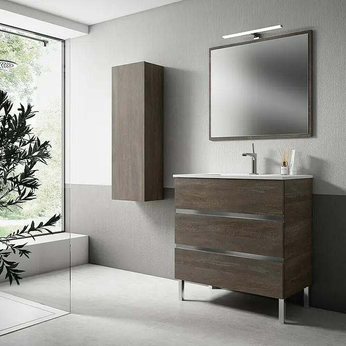 Mueble bajo de lavabo Aisling - L x An x Al: 46 x 80 x 85 cm, Strom - Baño moderno con mueble de lavabo con aspecto de madera, armario con espejo e iluminación de alto brillo para un ambiente elegante.