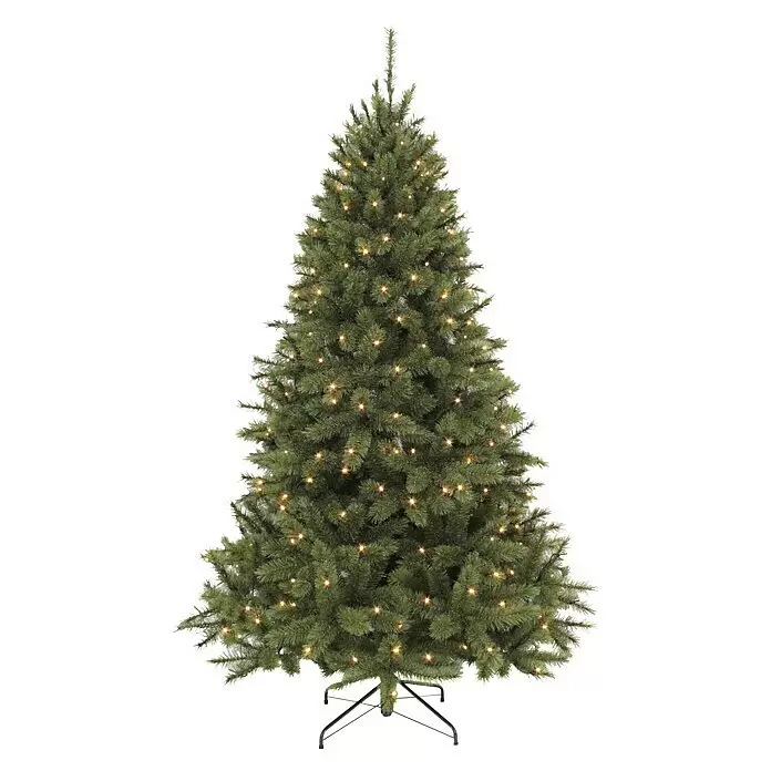 Künstlicher Weihnachtsbaum Bristlecone - Höhe: 185 cm, Grün - Grüner künstlicher Weihnachtsbaum, vorbeleuchtet mit warmweißen Lichtern, auf dunklem Metallständer.