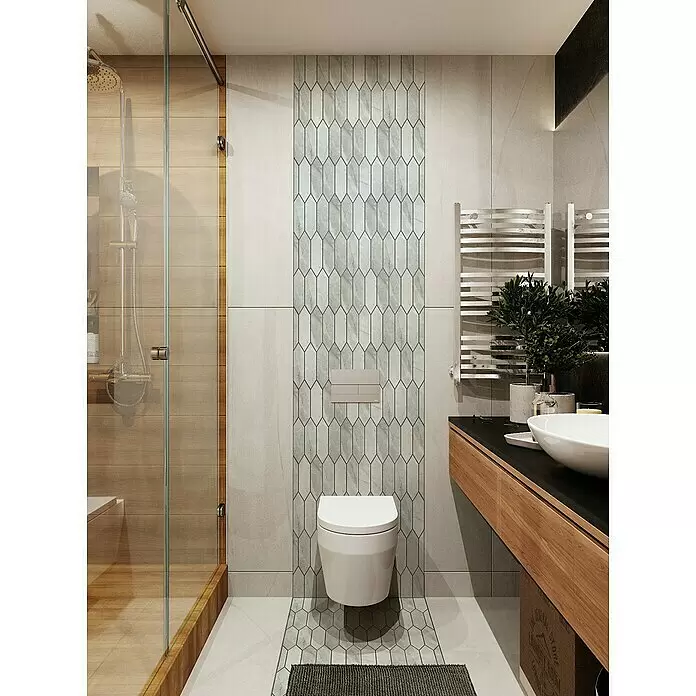 Mosaikfliese Hexagon CIM LHX GSL - 31,3 x 25,8 cm, Hellgrau, Matt - Wand-WC in modernem Bad vor stilvoller grauer Riemchenfliesen-Akzentwand, neben Glasdusche und Holzwaschtisch.
