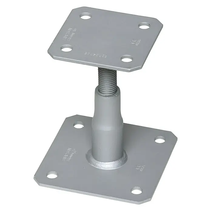 Simpson Strong-Tie Stützenfuß APB 100/150Z - Höhenverstellung: 100 mm - 150 mm, Gesamtstückzahl: 1 Stk. - Produktabbildung eines verstellbaren Pfostenträgers aus Metall, ideal für Bauprojekte und zur Stabilisierung von Pfosten.